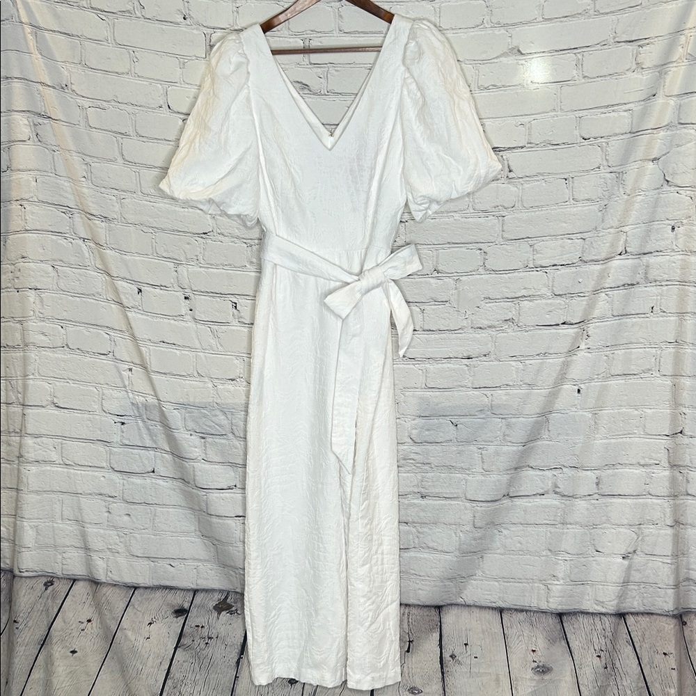 Lilly Pulitzer White Puff Sleeve V-Neck Jumpsuit with Waist Tie Size 14